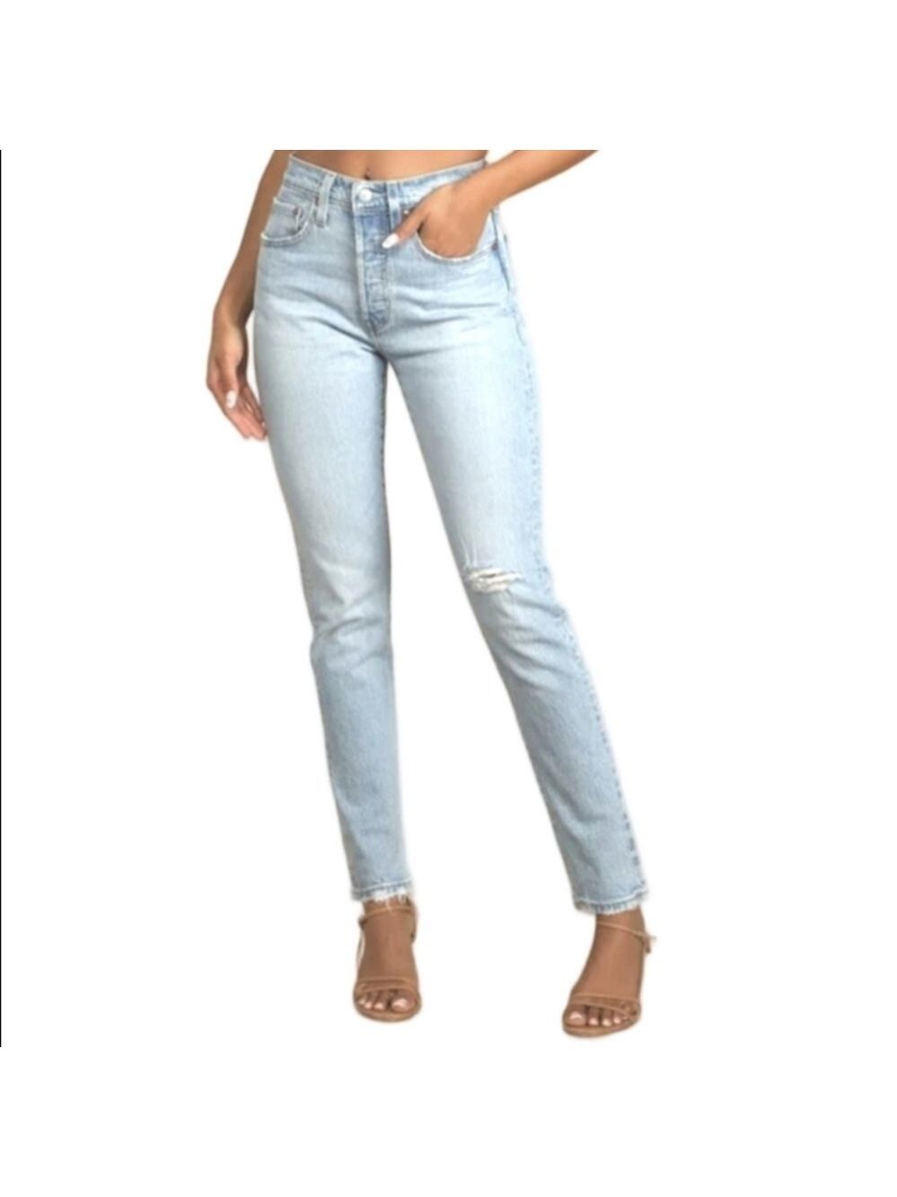 Levi's 501 Button Fly Skinny Jeans Light Wash Distressed Denim Raw Ankle Size 25